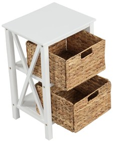 Mesa de cabeceira de 3 níveis com 2 cestos de ervas marinhas X Design Pernas de madeira de acácia para sala de estar Branco