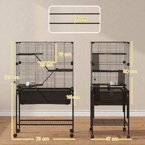 Gaiola para Pequenos Animais de 4 Níveis com Bandeja Inferior Rodas Rampas Comedouro e Bebedouro 73x47x123 cm Preto