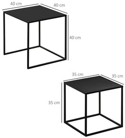 Conjunto de 2 Mesas Mesas de Centro Quadradas para Sala de Estar Estrutura de Aço Grande 40 cm Pequena 35 cm Preto