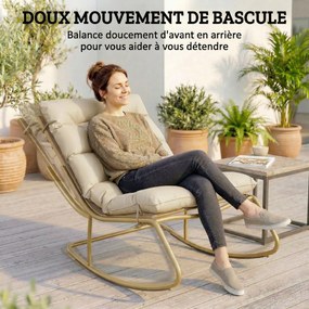 Cadeira de baloiço de jardim com almofada macia, 125 cm de comprimento e 64 cm de largura, em aço e textilene bege e dourado