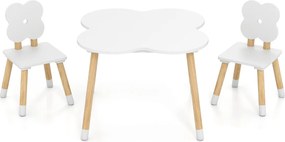 Conjunto de Mesa Flor com Jogo e Atividades em Madeira e 2 Cadeiras Infantis em Pinho Maciço para Crianças com mais de 3 anos Branco e Natural