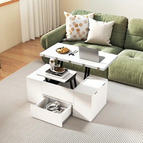 Mesa de centro elevável conversível em mesa de jantar para 4 pessoas com 4 bancos 3 em 1 extensível com e gaveta Branco
