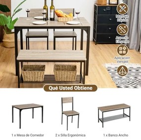 Conjunto de mesa de cozinha com 2 cadeiras e 1 banco Estrutura metálica e estante Cinzento