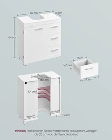 Armário casa de banho para lavatório (NÃO INCLUIDO) 30 x 60 x 64 cm com 3 gavetas grandes e pés em branco