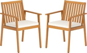 Conjunto 2 Cadeiras de Jantar jardim, Exterior em Madeira de Acácia com Almofada Removível e Apoio de Braços Castanho e Branco