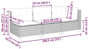 Sofá de jardim de 3 lugares com almofadões vime PE cinzento