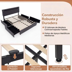 Estrutura de cama 160x200 cm (COLCHÃO NÃO INCLUIDO) com LED USB, estofado, gavetas, cabeceira ajustável, espaço de arrumação, ripas de madeira, não ne