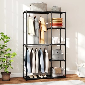 Guarda roupa aberto portátil com 2 varões para pendurar roupa e 6 prateleiras, 111 x 43 x 185 cm, preto