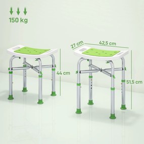 Banco de duche 42,5 L x 27 P x 44-51,5 A cm assento almofadado e ajustável, pés com ventosas antiderrapantes, em alumínio verde
