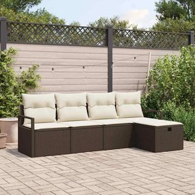 Conjunto de Sofá de Jardim vidaXL de 5 Peças com Almofadas Castanho em Vime Poliéster