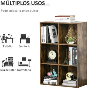 Estante de 3 Níveis Prateleira para Livros com 6 Cubos de Arrumação para Escritório 65,5x30x97,5 cm Castanho Rústico
