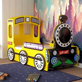 Cama para criança Comboio 205 x 120 x 130 cm, Com Luzes LED, Oferta colchão e estrado, capacidade de 100 kg, Amarela