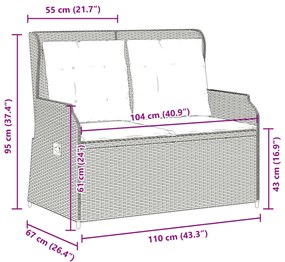 Banco de jardim reclinável c/ almofadões vime PE cinzento-claro