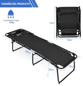 Espreguiçadeira dobrável portátil Cadeira reclinável 4 posições Encosto ajustável para campismo Pátio Piscina 189 x 59 x 40 cm Preto