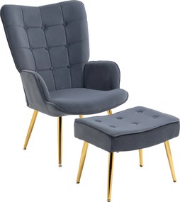 Poltrona com apoio para os pés, poltrona de sala estofada com encosto alto, pés em aço dourado e tecido de veludo, cinzento escuro