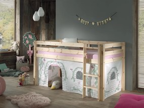 Conjunto Cama alta de Criança PINO 90 x 200 cm + estrado + escada + cortina Passaros Natural
