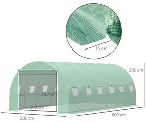 Outsunny Estufa Tipo Túnel 600x300x200 cm com Porta 12 Janelas Estufa