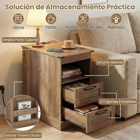 Conjunto de 2 mesas de cabeceira, mesas apoio rústicas com estação de carregamento e 2 gavetas Pretas e castanho rustico