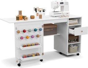 Armário de costura Mesa de costura dobrável com prateleiras, tabuleiros, ganchos, secretária para máquina de costura com 6 rodas bloqueáveis Branco