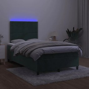 Cama box spring com colchão e luzes LED veludo verde-escuro