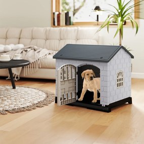 Canil externo para cães com porta e 3 janelas e piso removível e casinha para cães, gaiola para cães, azul