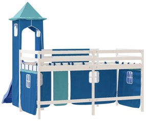 Cama alta para criança com torre 90x200 cm pinho maciço azul