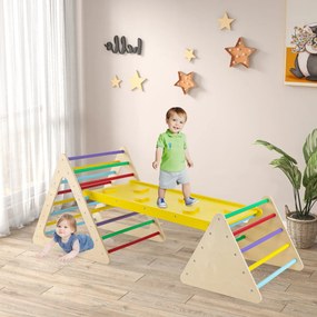 Conjunto de escalada 3 em 1 para crianças 2 escadas triangulares e 1 rampa para deslizar e escalar ponte de madeira multicolorida
