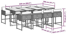 9 pcs conjunto de jantar p/ jardim c/ almofadões vime PE cinza