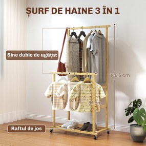Charriot com Rodas de Bambu com Sapateira 2 Barras para Pendurar para Entrada Corredor Quarto 80x40x160 cm Madeira