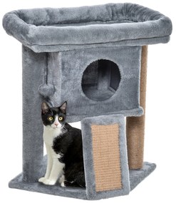 PawHut Árvore Arranhador para Gatos Pequenos Arranhador para Gatos com Poste de Juta Rampa Caverna e Bola Suspensa 40x40x57 cm Cinza