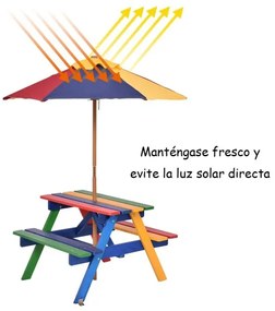 Conjunto de mesa de piquenique de madeira e guarda-sol para crianças dobrável para jardim multicolorido