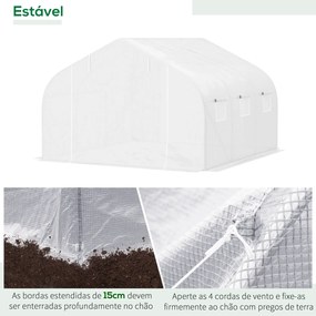 Estufa Tipo Túnel 445x299x200cm com Porta Enrolável 6 Janelas Estufa para Cultivo de Plantas Verduras Branco