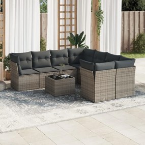 9 pcs conjunto sofás p/ jardim com almofadões vime PE cinzento