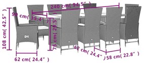 11 pcs conjunto de jantar p/ jardim com almofadões vime PE bege