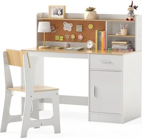 Conjunto de secretaria e cadeira infantil com estante, gaveta, armário, quadro de cortiça e banco com encosto inclinado 109,5 x 48 x 100,5 cm Natural