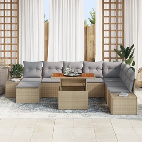 Conjunto de Jantar de Jardim de 9 Peças com Almofadas Bege em Rattan P