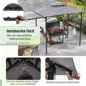 Tenda pérgula jardim para churrasco (Não incluido) de 318 x 153 cm com 2 prateleiras laterais Estrutura metálica Cinzenta