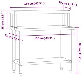 Mesa trabalho cozinha c/ prateleira 110x55x120cm aço inoxidável