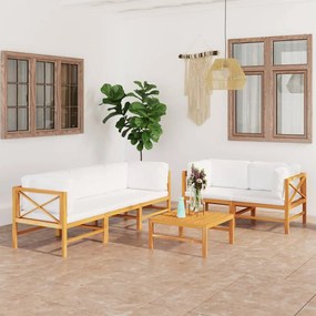 vidaXL 6 pcs conj. lounge de jardim + almofadões cor creme teca maciça