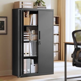 Armário de arquivo escritório com fechadura 80 x 40 x 140 cm, 3 prateleiras ajustáveis, preto mate