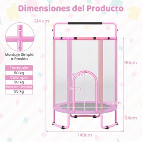 Trampolim Infantil, 140 x 140 x 214 cm, 6 em 1 com Acessórios de Brincadeira, Cor-de-rosa