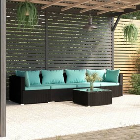 vidaXL 5 pcs conjunto lounge de jardim c/ almofadões vime PE preto