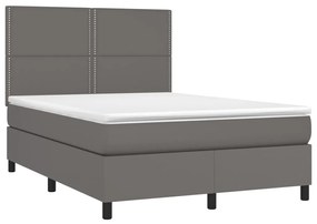 Cama box spring c/ colchão/LED 140x190cm couro artificial cinza