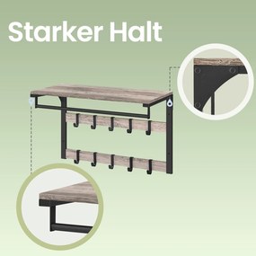 Cabide de parede com prateleira e 10 ganchos removíveis 30 x 65 x 42 cm cinza + preto