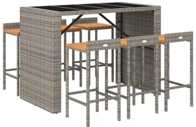 7 pcs conjunto de bar p/ jardim vime PE/acácia maciça cinzento