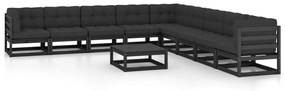 vidaXL 10 pcs conjunto longue jardim c/ almofadões pinho maciço preto