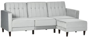 HOMCOM Sofá Cama com Chaise Longue de 3 Lugares Tato Aveludado com Encosto Ajustável e Apoio para os Pés Móvel 218x85x86cm Cinza
