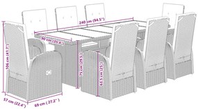 9 pcs conjunto de jantar p/ jardim c/ almofadões vime PE cinza