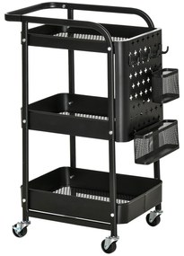 HOMCOM Carrinho Cozinha Multifuncional com Rodas 3 Níveis 4 Ganchos 2 Cestas Alça Design Moderno 51,5x32x75,6cm Preto | Aosom Portugal