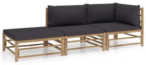 vidaXL 3 pcs conj. lounge jardim em bambu c/ almofadões cinza-escuro